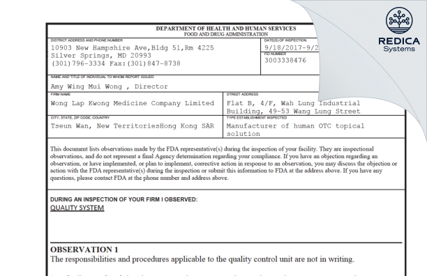 FDA 483 - WONG LAP KWONG MEDICINE COMPANY LIMITED [Hong Kong / Hong Kong] - Download PDF - Redica Systems