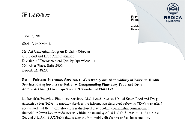 FDA 483 Response - Fairview Compounding Phamacy [Minneapolis / United States of America] - Download PDF - Redica Systems
