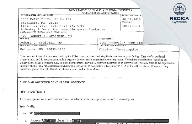 FDA 483 - Robert J. Kreitman, MD [Bethesda / United States of America] - Download PDF - Redica Systems