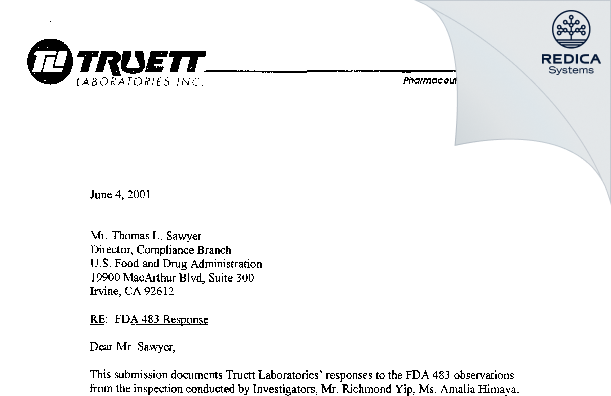 FDA 483 Response - Truett Laboratories, Inc. [Azusa / United States of America] - Download PDF - Redica Systems