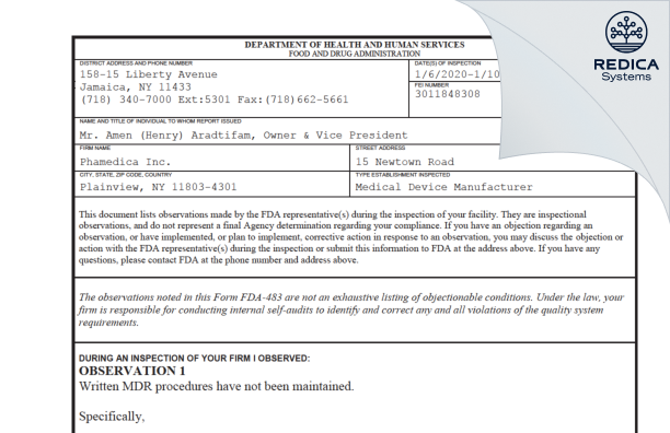 FDA 483 - Phamedica Inc. [Plainview / United States of America] - Download PDF - Redica Systems