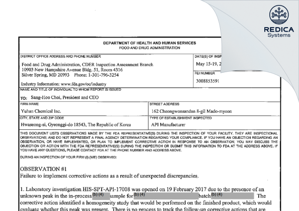 FDA 483 - Yuhan Chemical Inc [Korea South / Korea (Republic of)] - Download PDF - Redica Systems