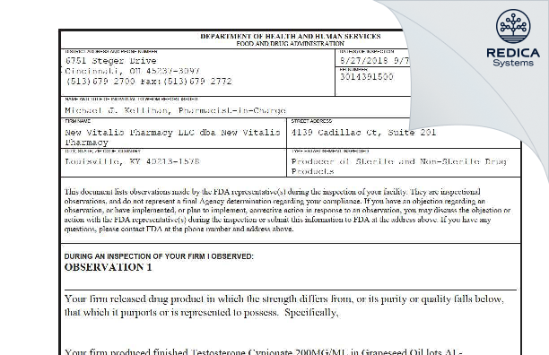 FDA 483 - New Vitalis Pharmacy LLC [Louisville / United States of America] - Download PDF - Redica Systems