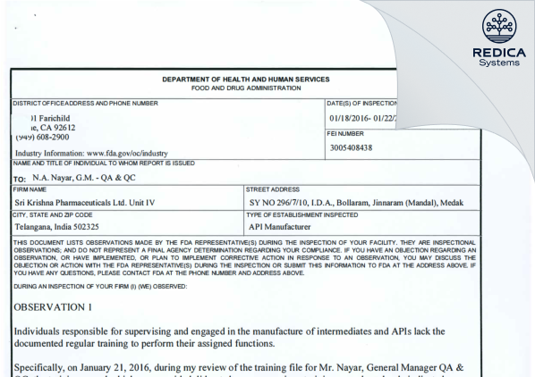 FDA 483 - Sri Krishna Pharmaceuticals Limited [- / India] - Download PDF - Redica Systems