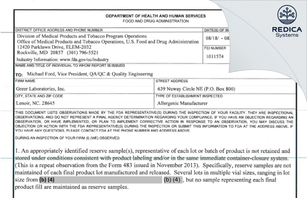 FDA 483 - Greer Laboratories, Inc. [Carolina / United States of America] - Download PDF - Redica Systems
