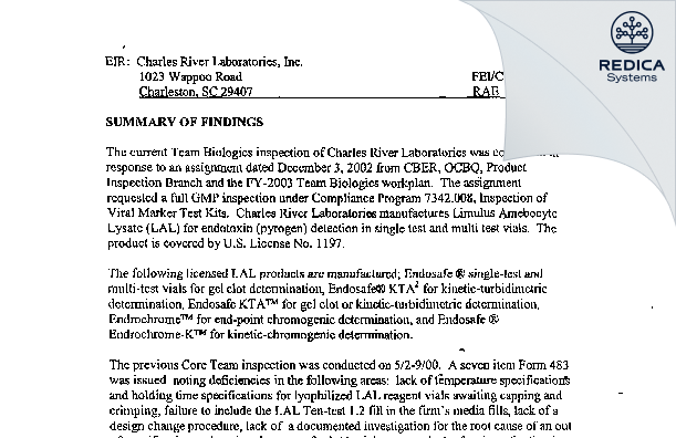 EIR - Charles River Laboratories, Inc. DBA Charles River, Endosafe [Charleston / United States of America] - Download PDF - Redica Systems