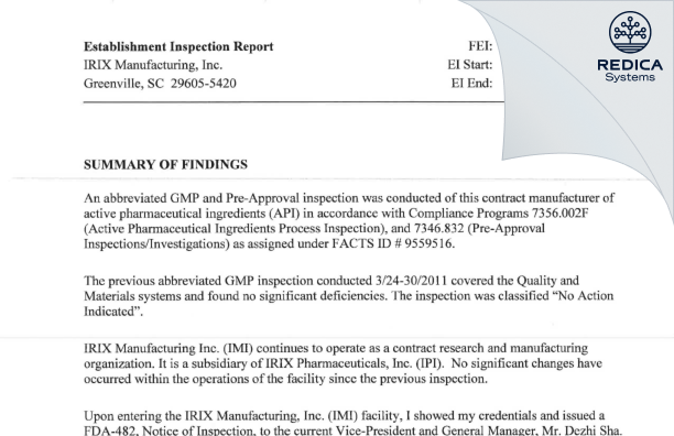 EIR - Patheon API Manufacturing, Inc. [Greenville / United States of America] - Download PDF - Redica Systems