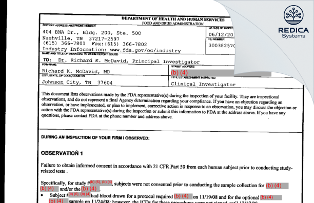 FDA 483 - Richard K. McDavid, MD [Johnson City / United States of America] - Download PDF - Redica Systems