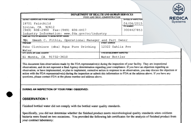 FDA 483 - Paks Clothiers (dba) Aqua Pure Drinking Water [El Monte / United States of America] - Download PDF - Redica Systems