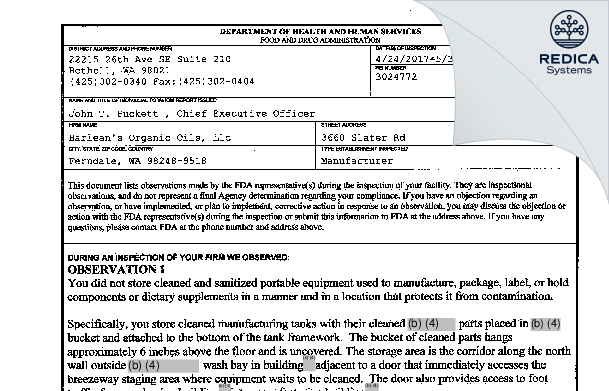 FDA 483 - Barlean's Organic Oils LLC [Ferndale / United States of America] - Download PDF - Redica Systems