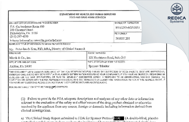 FDA 483 - Merck & Co., Inc. [Ambler / United States of America] - Download PDF - Redica Systems