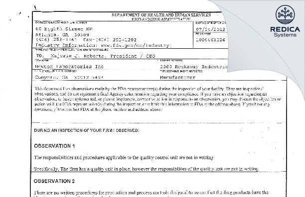 FDA 483 - Newton Laboratories Inc [Conyers / United States of America] - Download PDF - Redica Systems