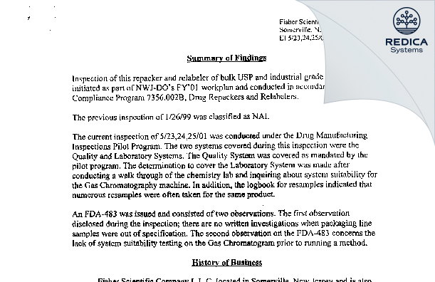 EIR - Fisher Scientific Co., LLC [Bridgewater / United States of America] - Download PDF - Redica Systems
