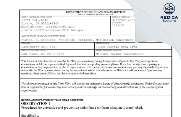 FDA 483 - CareFusion 303, Inc. [San Diego / United States of America] - Download PDF - Redica Systems
