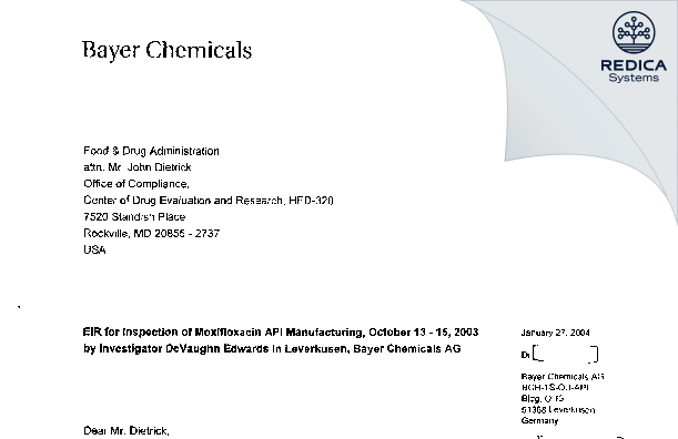 FDA 483 Response - Bayer AG [Leverkusen / Germany] - Download PDF - Redica Systems