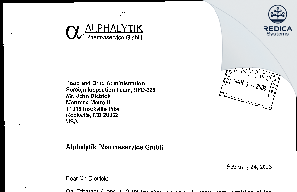 FDA 483 Response - Alphalytik Pharmaservice GmbH [Berlin / Germany] - Download PDF - Redica Systems