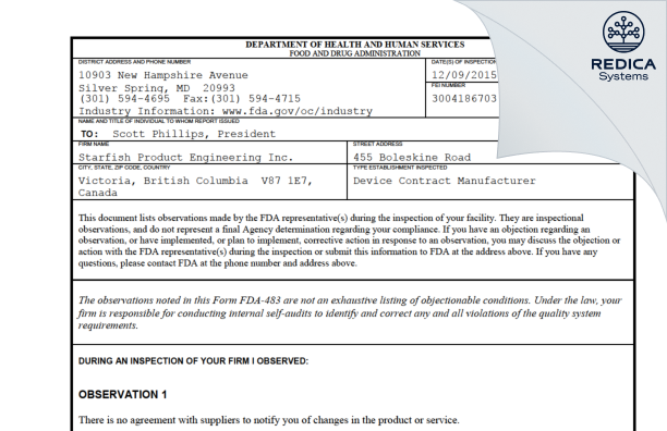 FDA 483 - Starfish Product Engineering Inc. [Victoria / Canada] - Download PDF - Redica Systems