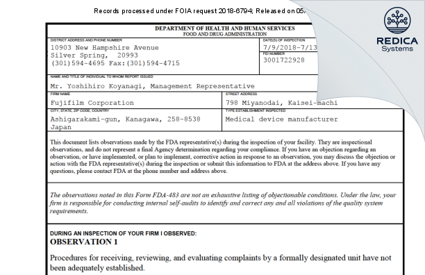FDA 483 - Fujifilm Corporation [Kaisei-Machi / Japan] - Download PDF - Redica Systems