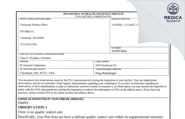 FDA 483 - R J General Corporation [Cincinnati Ohio / United States of America] - Download PDF - Redica Systems
