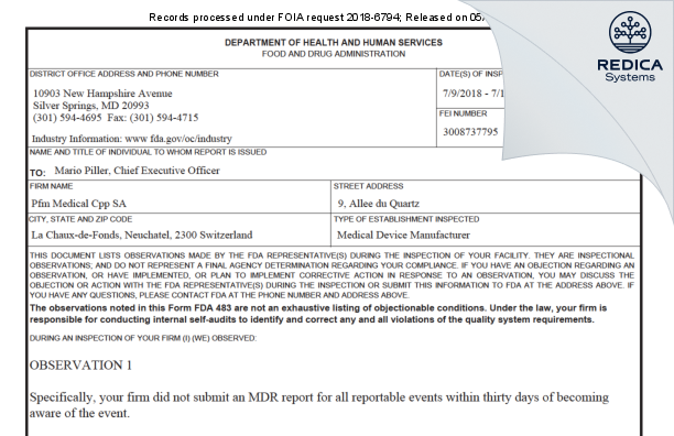 FDA 483 - Pfm Medical Cpp SA [La Chaux-De-Fonds / Switzerland] - Download PDF - Redica Systems