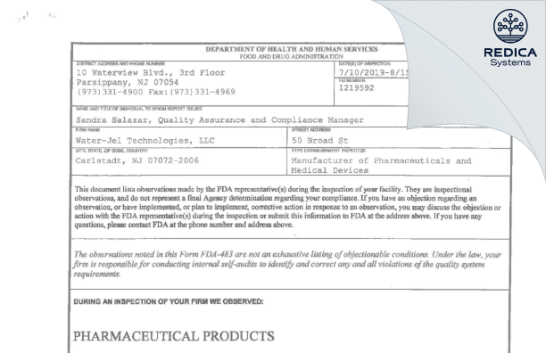 FDA 483 - Water-Jel Technologies [Jersey / United States of America] - Download PDF - Redica Systems