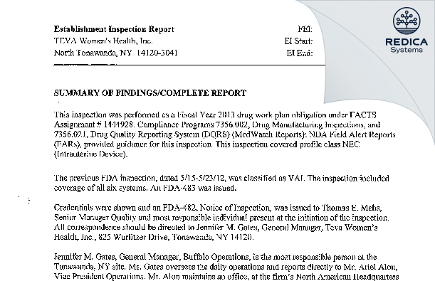 EIR - CooperSurgical, Inc. [York / United States of America] - Download PDF - Redica Systems