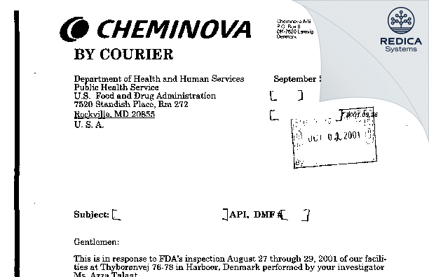 FDA 483 Response - Cheminova As [Lemvig / Denmark] - Download PDF - Redica Systems