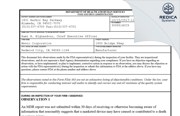 FDA 483 - Nevro Corporation [Redwood City / United States of America] - Download PDF - Redica Systems