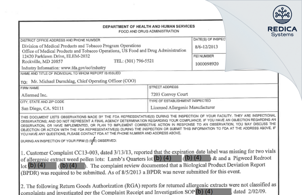 FDA 483 - Allermed Laboratories, Inc. [San Diego / United States of America] - Download PDF - Redica Systems