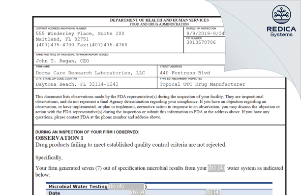 FDA 483 - Derma Care Research Labs, LLC [Daytona Beach / United States of America] - Download PDF - Redica Systems