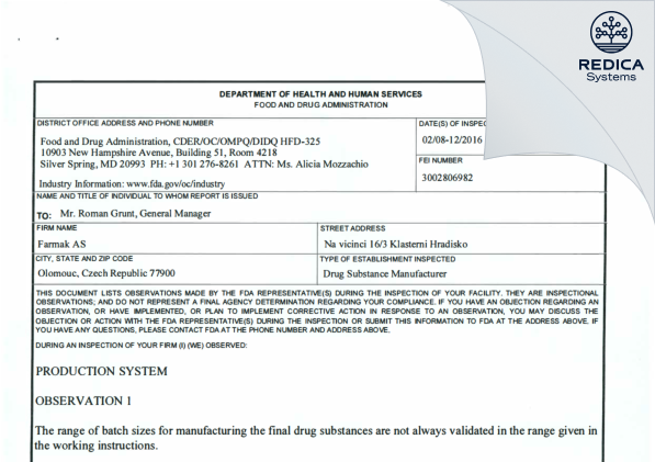 FDA 483 - Farmak a s [Olomouc / Czechia] - Download PDF - Redica Systems
