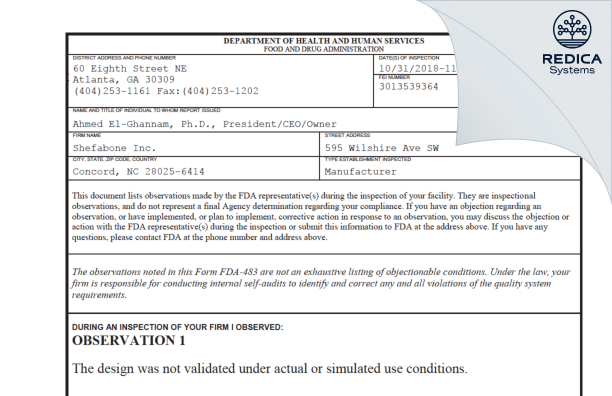 FDA 483 - Shefabone Inc. [Concord / United States of America] - Download PDF - Redica Systems