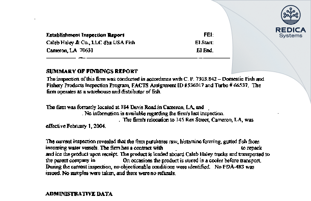 EIR - Caleb Haley & Company, LLC d/b/a USA FISH [Hackberry / United States of America] - Download PDF - Redica Systems