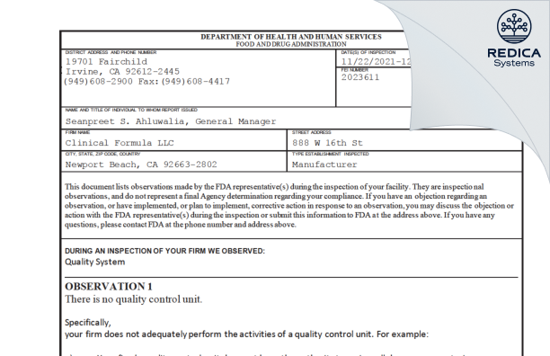 FDA 483 - Clinical Formula LLC [Newport Beach California / United States of America] - Download PDF - Redica Systems