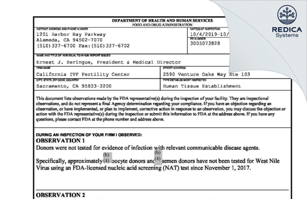 FDA 483 - California IVF Fertility Center [Sacramento / United States of America] - Download PDF - Redica Systems