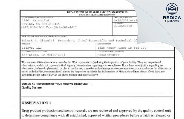 FDA 483 - Societal CDMO San Diego, LLC [San Diego / United States of America] - Download PDF - Redica Systems
