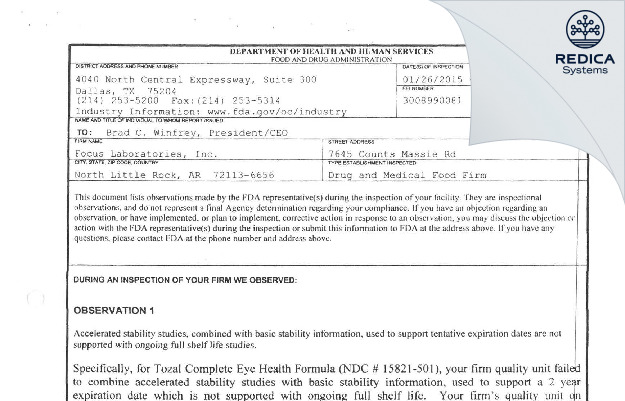 FDA 483 - FOCUS Laboratories, Inc. [North Little Rock / United States of America] - Download PDF - Redica Systems