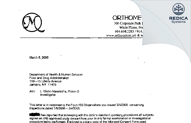FDA 483 Response - Orthometrix, Inc. [Naples / United States of America] - Download PDF - Redica Systems