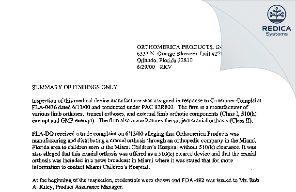 EIR - Orthomerica Products, Inc. [Orlando / United States of America] - Download PDF - Redica Systems