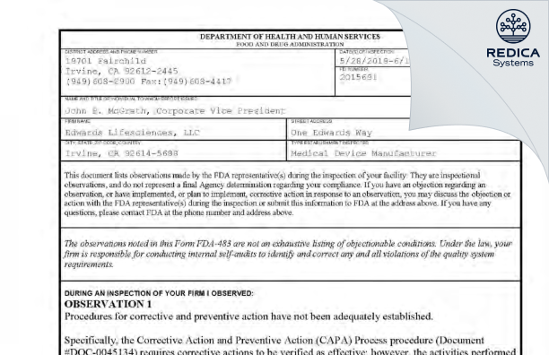 FDA 483 - Edwards Lifesciences, LLC [Irvine / United States of America] - Download PDF - Redica Systems