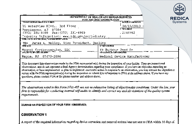 FDA 483 - Maquet Cardiovascular, LLC [Wayne / United States of America] - Download PDF - Redica Systems