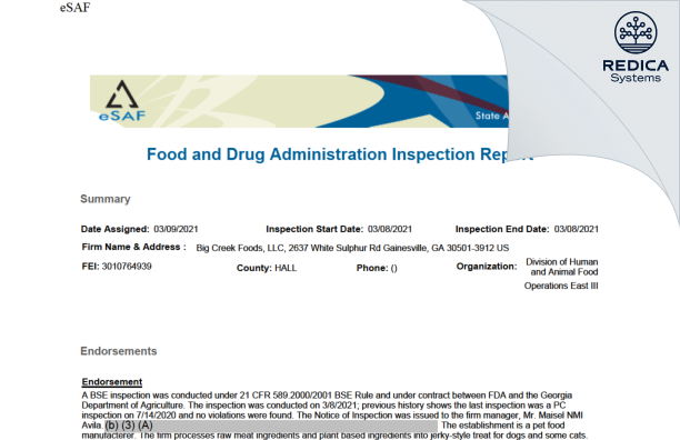 EIR - Big Creek Foods, LLC [Gainesville / United States of America] - Download PDF - Redica Systems