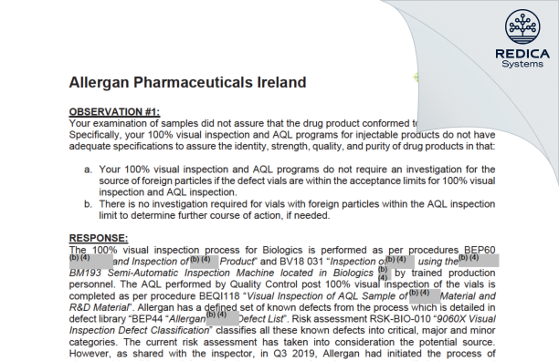 FDA 483 Response - Allergan Pharmaceuticals Ireland [Westport / Ireland] - Download PDF - Redica Systems