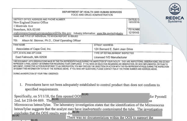 FDA 483 - Associates of Cape Cod, Inc. [Falmouth / United States of America] - Download PDF - Redica Systems