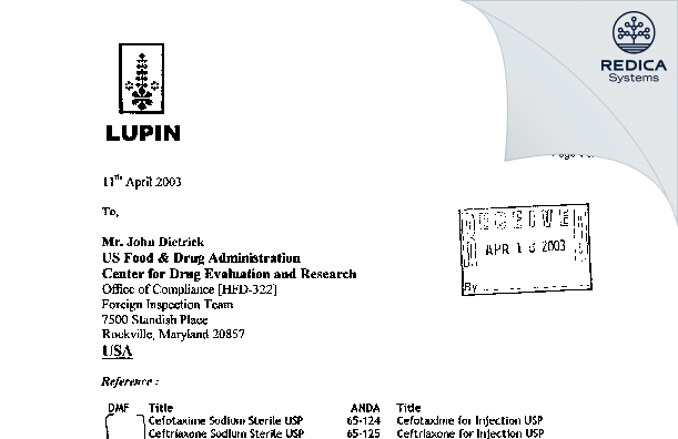 FDA 483 Response - LUPIN LIMITED [Raisen Mandideep / India] - Download PDF - Redica Systems