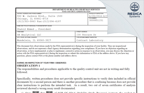 FDA 483 - SA Analytical, LLC [Mundelein / United States of America] - Download PDF - Redica Systems