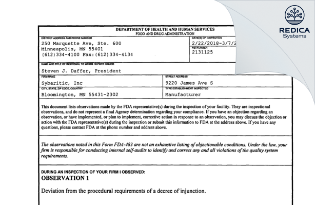 FDA 483 - Sybaritic, Inc [Bloomington / United States of America] - Download PDF - Redica Systems