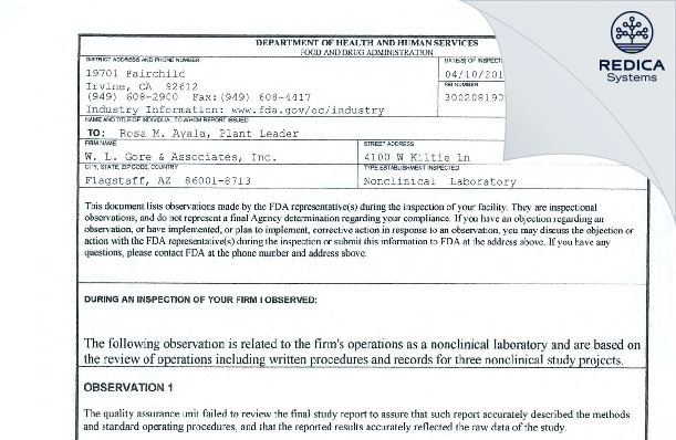 FDA 483 - W. L. Gore & Associates, Inc. [Flagstaff / United States of America] - Download PDF - Redica Systems
