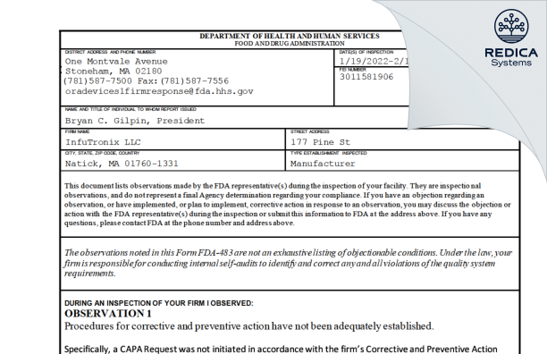 FDA 483 - InfuTronix LLC [Natick / United States of America] - Download PDF - Redica Systems