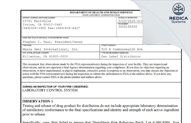 FDA 483 - Manna Omni International, Inc. [Fullerton / United States of America] - Download PDF - Redica Systems